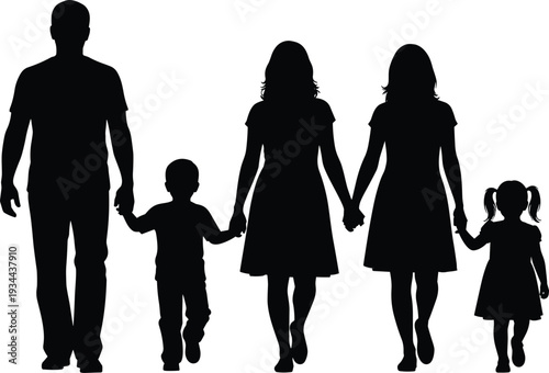 Silhouette Family Walking Together Holding Hands on White Background father