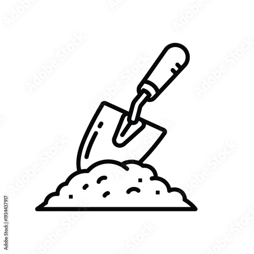 Minimalist outline illustration of a shovel digging into a mound of dirt