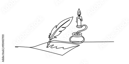 A single continuous line drawing of a quill pen, inkwell, and lit candle on paper. Vector, illustration
