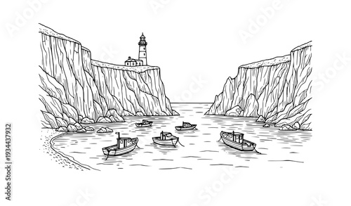 Rocky Sea Bay with Lighthouse Black and White Sketch Vector Illustration