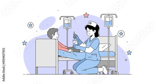 Nurse Administering IV Drip to Patient in Hospital Bed - Medical Illustration
