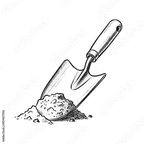 Hand drawn illustration of a garden trowel digging into a pile of soil