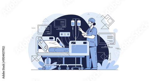 Nurse Administering IV Drip to Patient in Hospital Bed with Medical Equipment