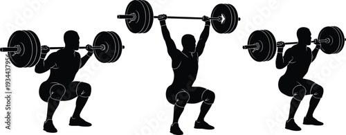 Silhouette of a man performing three different barbell squat positions weightlifting exercise