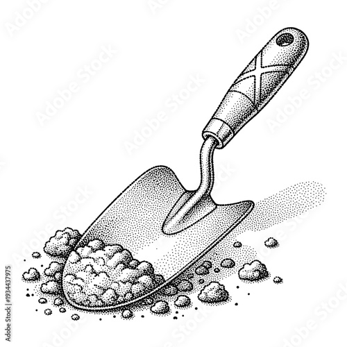 Vintage gardening trowel with soil illustration in dotted style