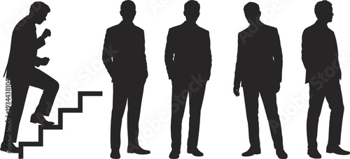 Silhouette of Businessman Climbing Stairs and Standing in Suits on White Background ladder