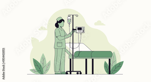 Nurse Administering IV Drip Treatment Beside Patient Bed with Medical Equipment
