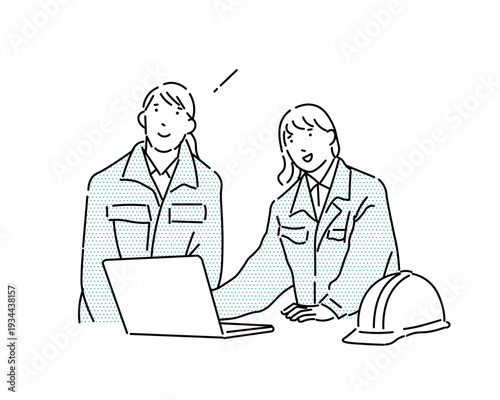 パソコンとヘルメットー作業服の女性二人が話し合うシーンー上半身ー事務仕事のベクターイラスト素材