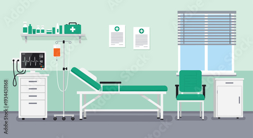 Modern hospital examination room interior with medical equipment vector illustration