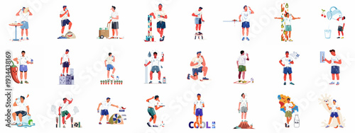 Man struggling with heat and spicy food, seeking relief with milk, water, and various cooling methods. Illustrations depict discomfort and coping strategies.