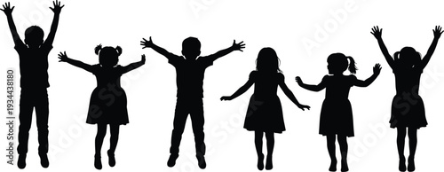 Silhouette of six diverse children jumping and raising their arms in joy on a white background kids raising arms