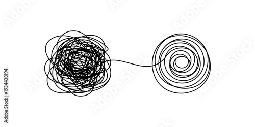 A line transforms from a chaotic tangle into a neat, organized spiral, symbolizing clarity and resolution Vector, illustration