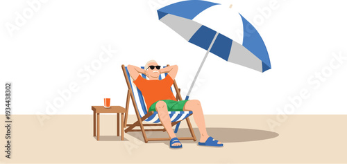 Man relaxing under beach umbrella on deck chair summer vector illustration