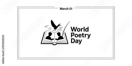 A black and white minimalist icon representing world poetry day on march 21 with an open book and a bird flying. Vector, illustration