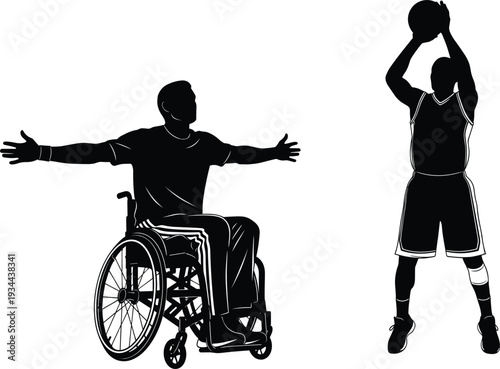 Silhouette of Wheelchair Basketball Player and Shooter on White Background athlete disabled