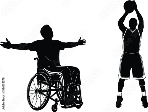 Silhouette of Wheelchair Basketball Player and Shooter on White Background athlete disabled