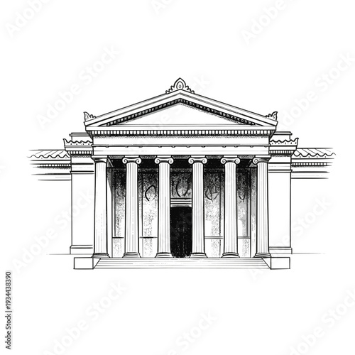 Classical Greek architecture with columns and pediment, hand-drawn illustration