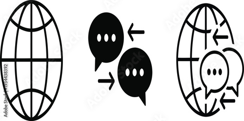 Global Communication Icons: World Globe with Speech Bubbles and Arrows