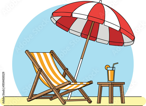Beach umbrella deck chair and refreshing drink summer vector illustration