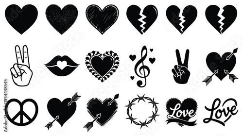 Various black heart shapes love symbols and peace sign