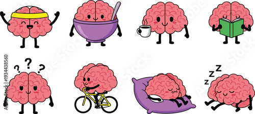 Cute cartoon brain characters set showing fitness, eating, coffee, reading, thinking, cycling, resting and sleeping, mental health lifestyle vector illustration