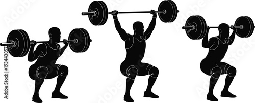 Silhouettes of a weightlifter performing a squat and overhead press weightlifting barbell