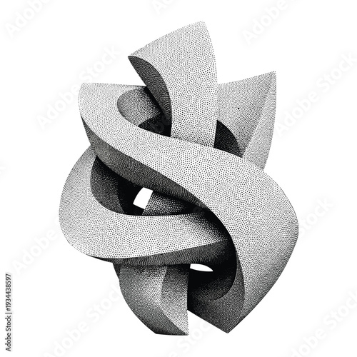 Abstract sculpture with stippled texture and interwoven geometric shapes in monochrome