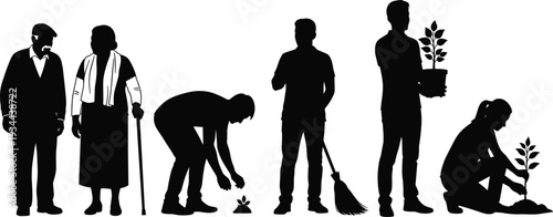 Silhouettes of people gardening and standing, including elderly couple planting tree