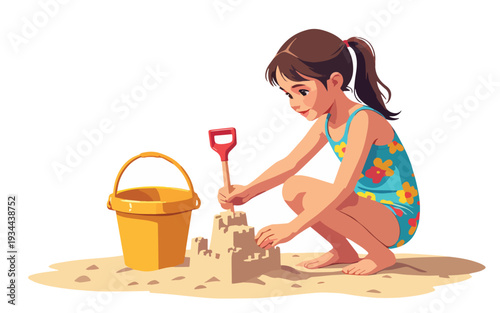bambina sulla sabbia mentre costruisce un castello e gioca in riva al mare estate in costume da bagno vettoriale 