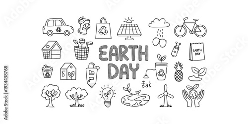 A collection of black and white line art icons celebrating earth day and promoting eco-friendly concepts Vector, illustration
