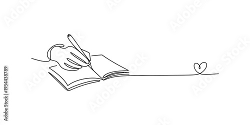 A continuous line drawing of a hand writing in a notebook with a heart symbol Vector, illustration
