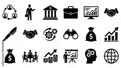 Business finance icons man handshake money graph and globe