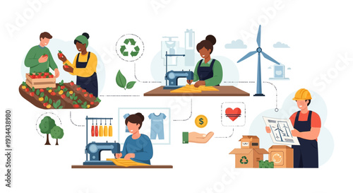 Sustainable Development Goals. Green Economy, Ethical Production, Renewable Energy, and Social Responsibility Practices Infographic