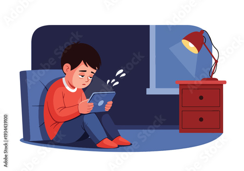 Modern vector illustration of child using tablet alone in dark bedroom at night. Screen addiction, excessive device use and digital overexposure concept for parenting and child mental health