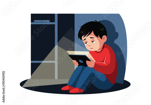Modern vector illustration of child using tablet alone in dark bedroom at night. Screen addiction, excessive device use and digital overexposure concept for parenting and child mental health