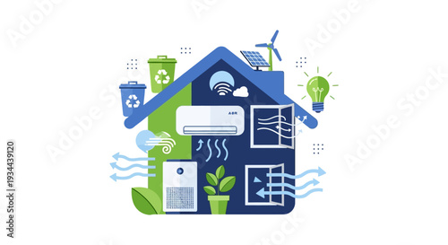 Eco-Friendly Smart Home Concept Illustration: Sustainable Living, Green Energy, Air Quality & Modern Technology for Healthy Environments
