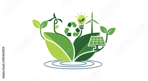 Green Energy & Sustainability Concept Vector: Solar, Wind, Recycle, Eco-Friendly Power and Environmental Protection Icons