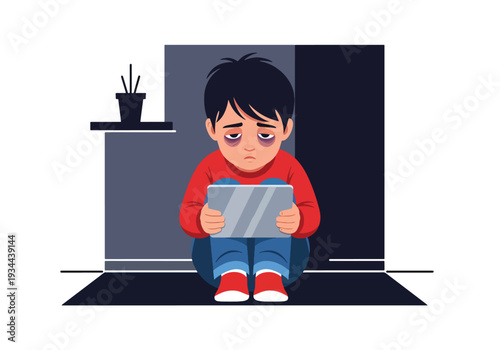 Modern vector illustration of child using tablet alone in dark bedroom at night. Screen addiction, excessive device use and digital overexposure concept for parenting and child mental health