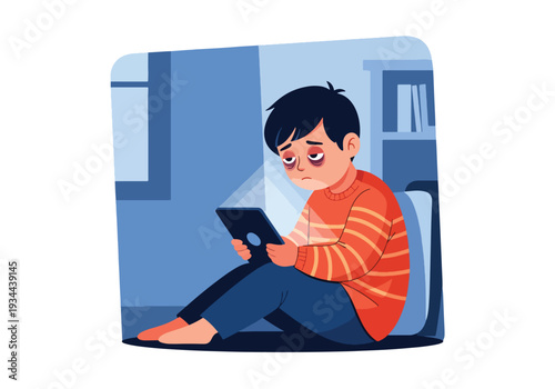 Modern vector illustration of child using tablet alone in dark bedroom at night. Screen addiction, excessive device use and digital overexposure concept for parenting and child mental health