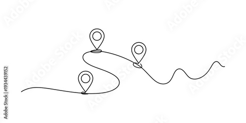A minimalist black and white line drawing illustrating a winding route with three location pins Vector, illustration