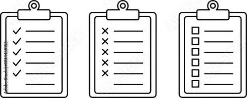 Three clipboards with checklists, cross marks, and squares on white background to-do list tasks