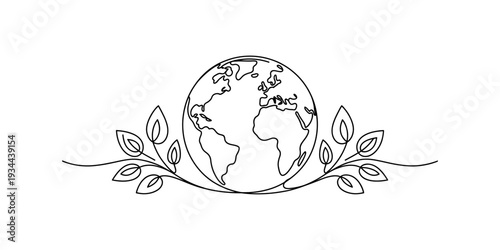 Line art drawing of the planet earth with branches of leaves symbolizing environmental care and nature. Vector, illustration