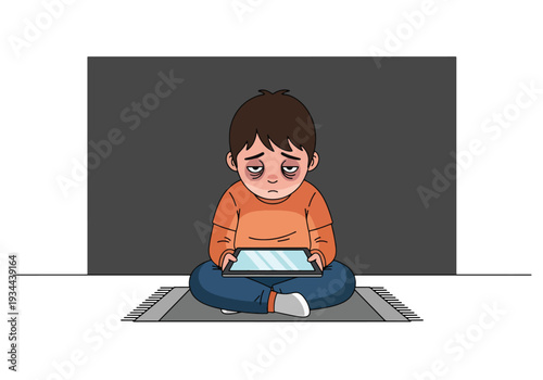 Modern vector illustration of child using tablet alone in dark bedroom at night. Screen addiction, excessive device use and digital overexposure concept for parenting and child mental health