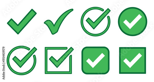 Collection of green checkmark icons in various styles, including simple ticks, circles, and squares, representing approval, success, and confirmation symbols for web design