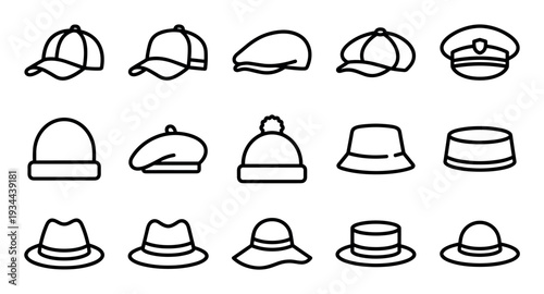 Set of fifteen different hat and cap line icons, including classic fedora, modern beanie, stylish beret, and sporty baseball cap, presented in a simple black outline graphic style