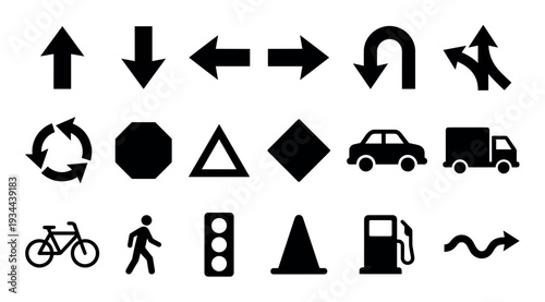 Collection of black traffic and transportation icons including arrows, vehicles, road signs, and pedestrian symbols in a clean, minimalist graphic design set for navigation and driving concepts