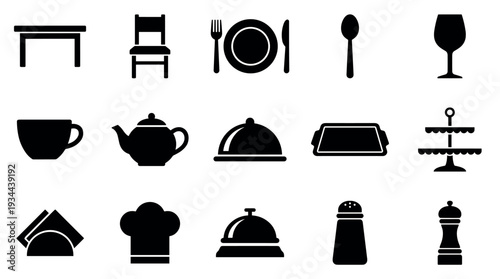 Set of black restaurant and dining icons featuring a table, chair, cutlery, and service items presented in a simple, minimalist flat silhouette graphic style