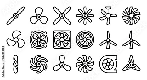 Collection of black line art icons showing various types of fans, propellers, and turbines for cooling and ventilation systems, presented in a clean, minimalist graphic style