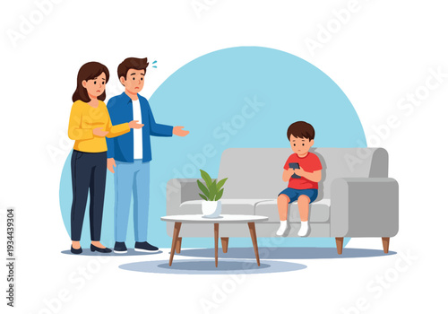 Modern vector illustration of parents worried while child ignores them using smartphone. Family communication problem and gadget addiction concept in contemporary home interior