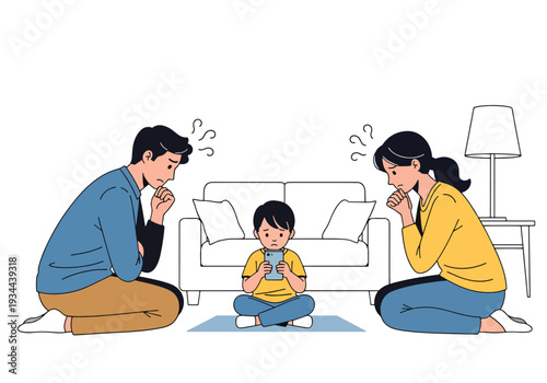 Modern vector illustration of parents worried while child ignores them using smartphone. Family communication problem and gadget addiction concept in contemporary home interior